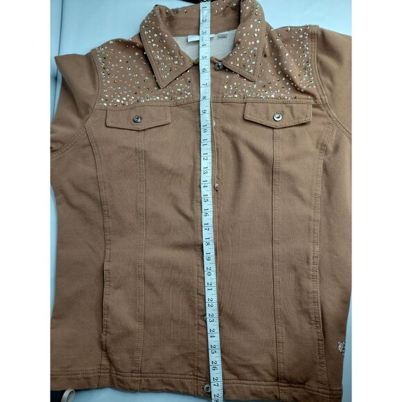 Brown Rhinestone Studded Button-Up Jacket With Chest Pockets & Collar - Picture 7 of 11